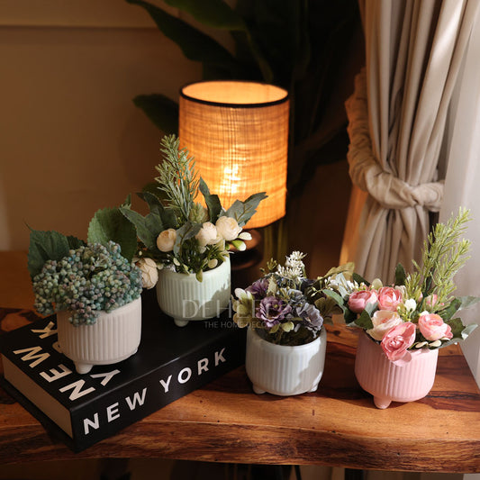 Ceramic Stripe Pots with Flowers