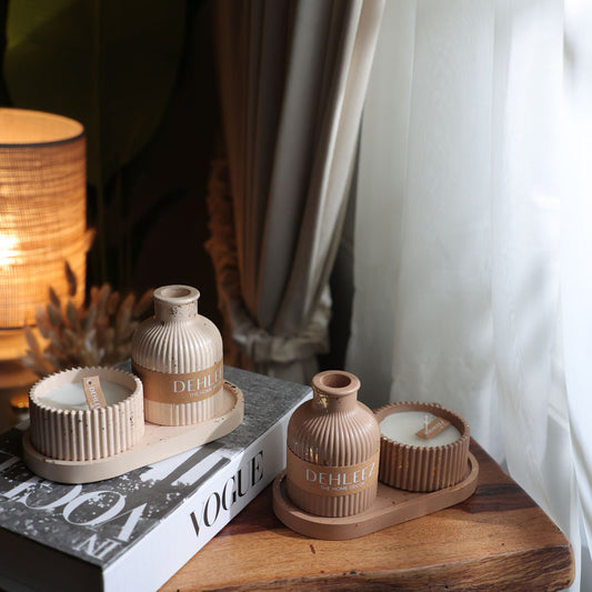 Oval tray with vogue vase and Stripe Candle