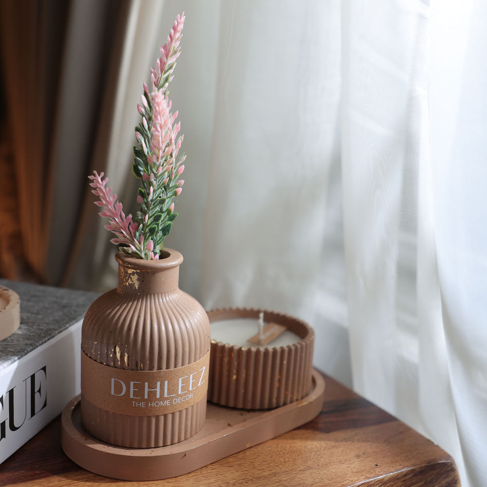 Oval tray with vogue vase and Stripe Candle